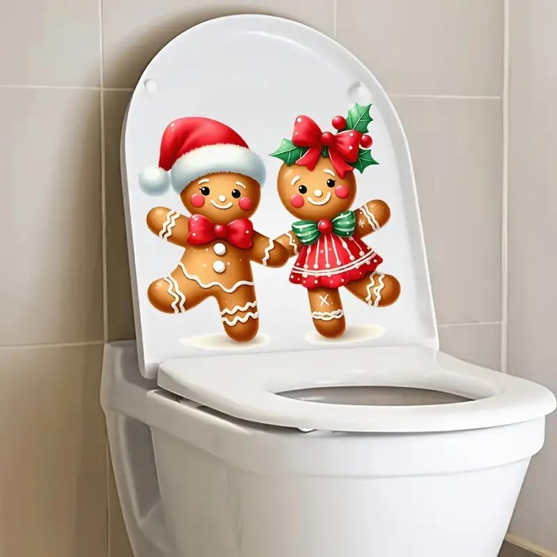 DIDOSOFT Festive Christmas Gingerbread Man Toilet Cover Sticker Decals,Fish Bird Flower Leaf Waterproof Toilet Lid Tank Seat Decals Cistern Self-Adhesive Bathroom Wall Sticker - Image 3
